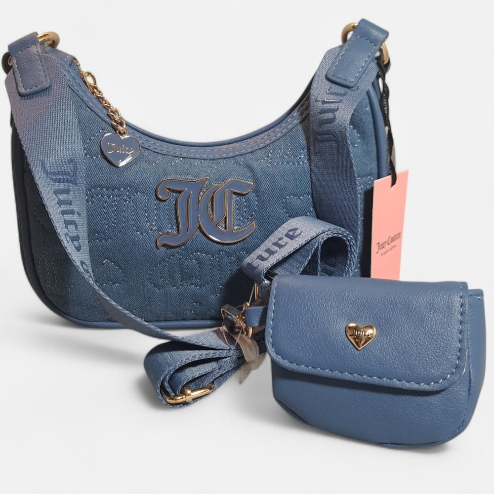 Juicy Couture Crossbody Bag Denim (Blue) With Vinyl Trim & Heart Charm